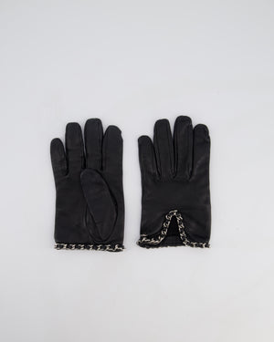 *HOT* Chanel Black Lambskin Leather Gloves with CC Silver Logo and Chain Details Size 8.5