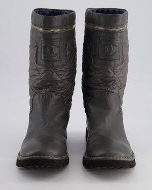 Chanel Stone Grey Leather & Nylon Quilted Boots with Zip Compartment Detail Size EU 39