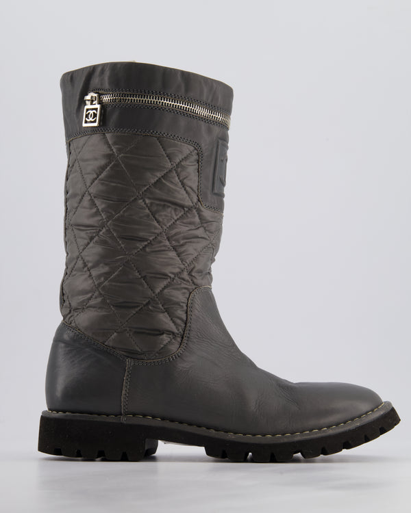 Chanel Stone Grey Leather & Nylon Quilted Boots with Zip Compartment Detail Size EU 39