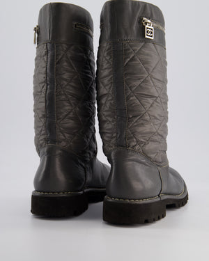 Chanel Stone Grey Leather & Nylon Quilted Boots with Zip Compartment Detail Size EU 39