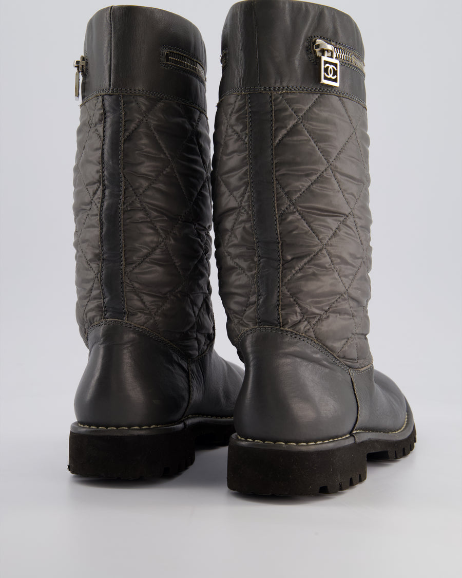 Chanel Stone Grey Leather & Nylon Quilted Boots with Zip Compartment Detail Size EU 39