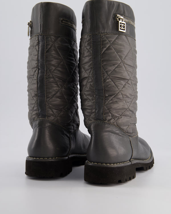 Chanel Stone Grey Leather & Nylon Quilted Boots with Zip Compartment Detail Size EU 39