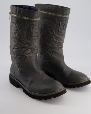Chanel Stone Grey Leather & Nylon Quilted Boots with Zip Compartment Detail Size EU 39