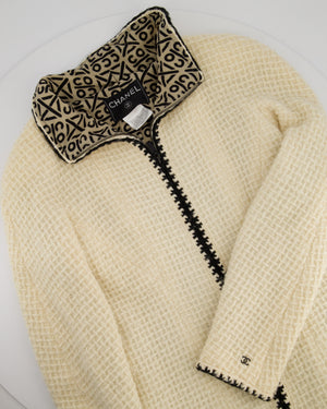 Chanel 00A Cream Long Line Tweed Coat with Black Contrast Trim and Vent Details Size FR 38 (UK 10)