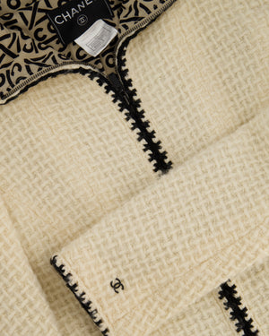 Chanel 00A Cream Long Line Tweed Coat with Black Contrast Trim and Vent Details Size FR 38 (UK 10)