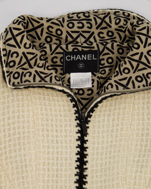 Chanel 00A Cream Long Line Tweed Coat with Black Contrast Trim and Vent Details Size FR 38 (UK 10)