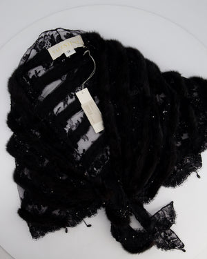 Valentino Black Lace and Mink Sleeveless Beaded Stripe Shawl Size One Size RRP £2,300