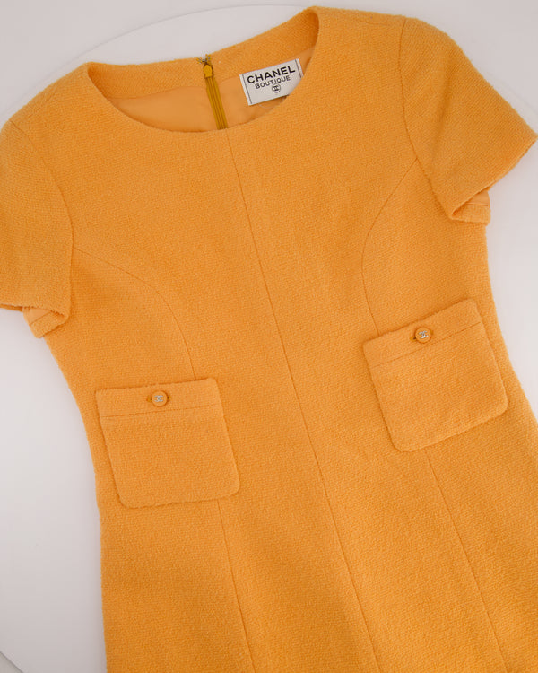 Chanel Vintage Apricot Orange Tweed Short-Sleeve Mini Dress with CC Buttons Detail Size FR 38 (UK 10)