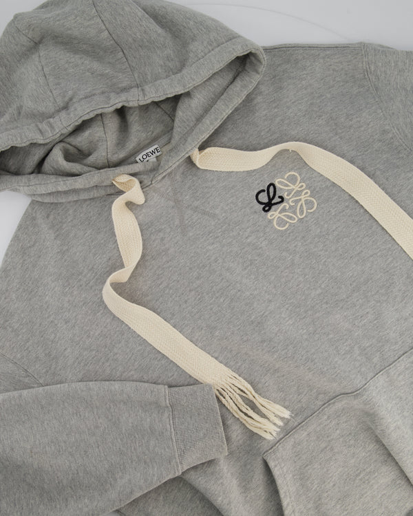 Loewe Menswear Grey Cotton Hoodie With Anagram Logo and Frayed String Detail Size M