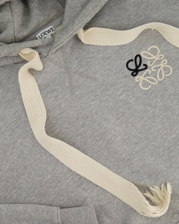 Loewe Menswear Grey Cotton Hoodie With Anagram Logo and Frayed String Detail Size M