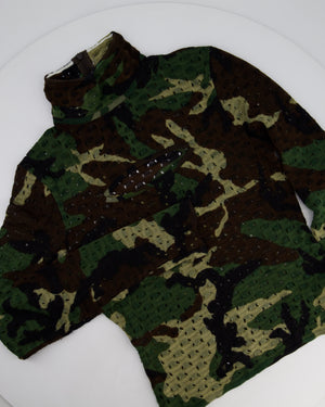 Christian Dior John Galliano Green, Khaki, Black and Brown Camouflage Open Knit Mock Neck Top with Cut Out Detail Size FR 40 (UK 12)