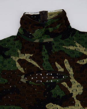 Christian Dior John Galliano Green, Khaki, Black and Brown Camouflage Open Knit Mock Neck Top with Cut Out Detail Size FR 40 (UK 12)