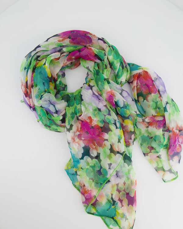 Chanel Green Multicolour Floral Silk Scarf with CC Logo Details Size 120cm x 110cm