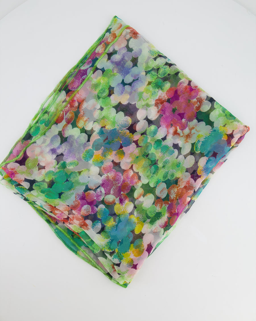 Chanel Green Multicolour Floral Silk Scarf with CC Logo Details Size 120cm x 110cm
