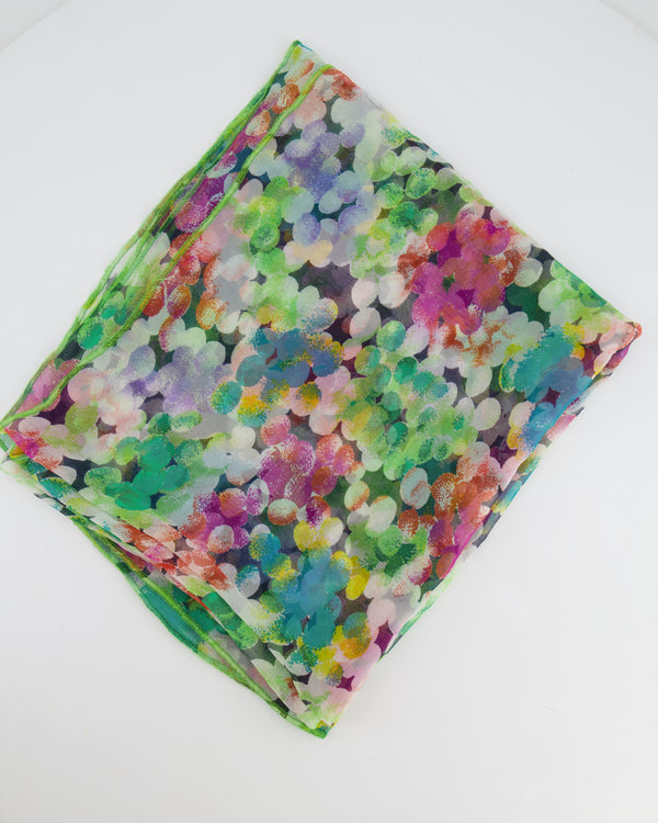 Chanel Green Multicolour Floral Silk Scarf with CC Logo Details Size 120cm x 110cm
