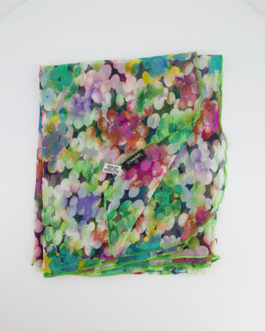 Chanel Green Multicolour Floral Silk Scarf with CC Logo Details Size 120cm x 110cm