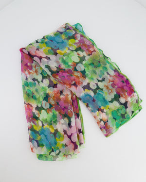 Chanel Green Multicolour Floral Silk Scarf with CC Logo Details Size 120cm x 110cm