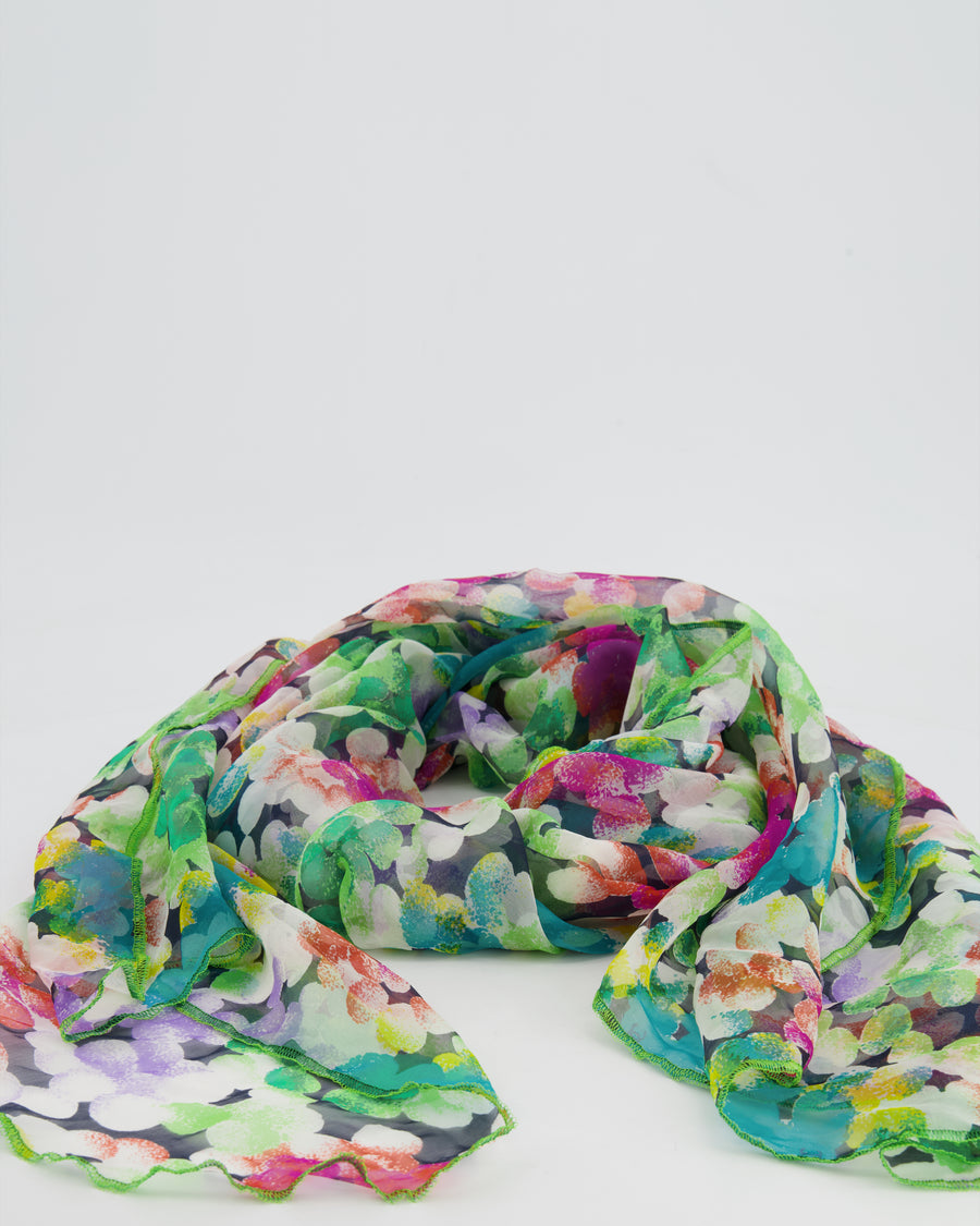 Chanel Green Multicolour Floral Silk Scarf with CC Logo Details Size 120cm x 110cm