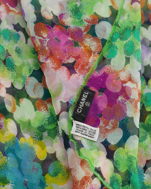 Chanel Green Multicolour Floral Silk Scarf with CC Logo Details Size 120cm x 110cm
