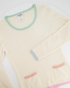 Chanel Cruise 1998 Cream and Pastel Multicolour Cashmere Jumper with Back CC Logo Detail Size FR 42 (UK 14)