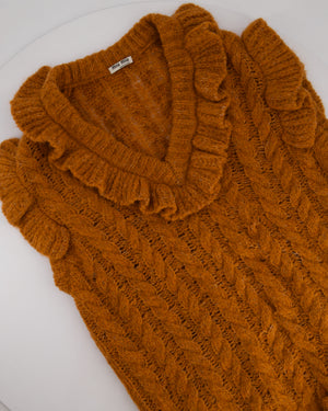 Miu Miu Burnt Orange Oversized Cable Knit Long Line Sleeveless Jumper with V-Neck and Ruffle Detial Size IT 36 (UK 4)