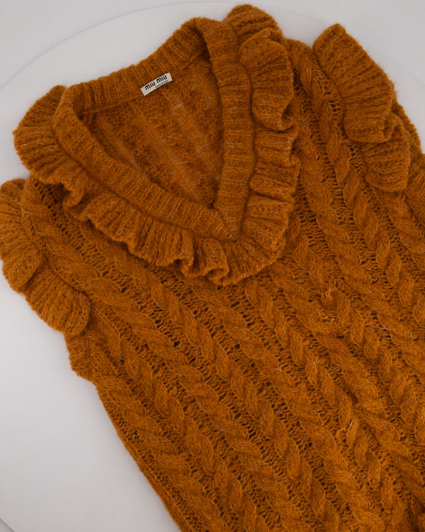 Miu Miu Burnt Orange Oversized Cable Knit Long Line Sleeveless Jumper with V-Neck and Ruffle Detial Size IT 36 (UK 4)