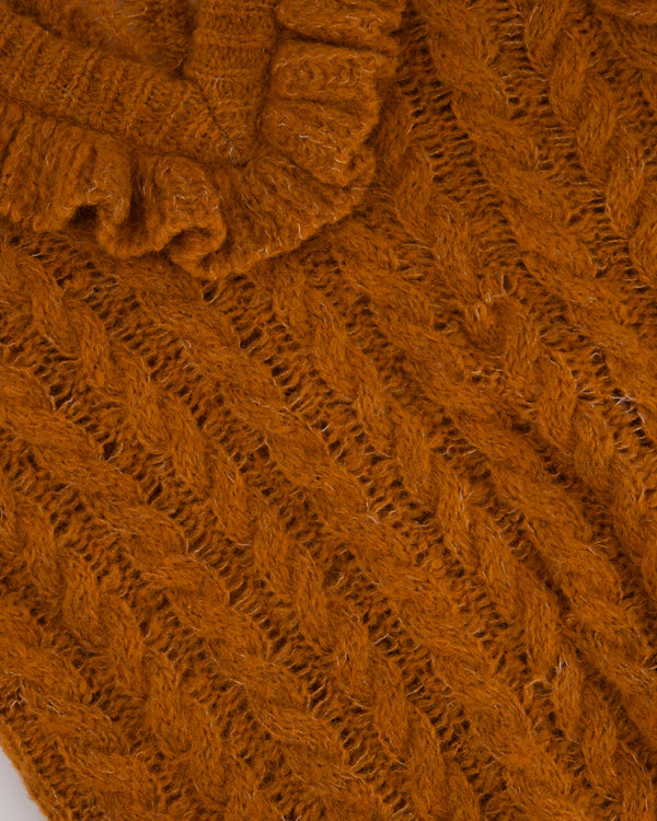 Miu Miu Burnt Orange Oversized Cable Knit Long Line Sleeveless Jumper with V-Neck and Ruffle Detial Size IT 36 (UK 4)