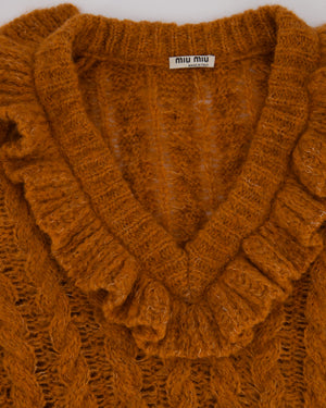Miu Miu Burnt Orange Oversized Cable Knit Long Line Sleeveless Jumper with V-Neck and Ruffle Detial Size IT 36 (UK 4)
