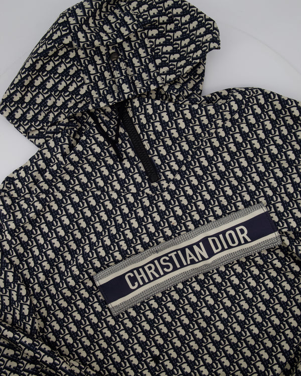 Christian Dior Hooded Anorak in Blue & Ecru Technical Taffeta Jacquard with Dior Oblique Motif Size M RRP £3,100