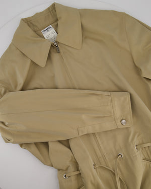 Chanel Vintage 99P Beige Cotton Long Line Belted Trench Coat with Collar and Silver Logo Zip Size FR 40 (UK 12)