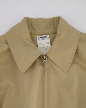 Chanel Vintage 99P Beige Cotton Long Line Belted Trench Coat with Collar and Silver Logo Zip Size FR 40 (UK 12)