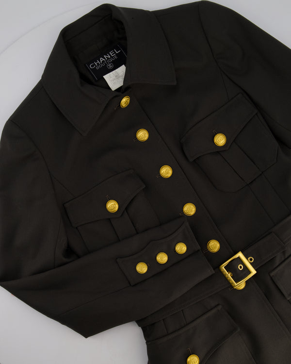 Chanel 96/A Charcoal Grey Single Breasted Belted Safari Jacket with Gold Button Details Size FR 38 (UK 10)