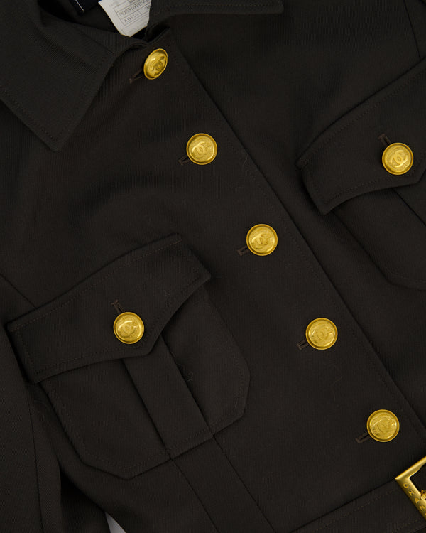 Chanel 96/A Charcoal Grey Single Breasted Belted Safari Jacket with Gold Button Details Size FR 38 (UK 10)