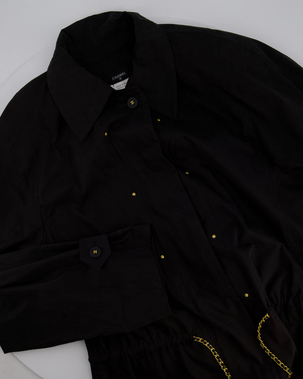 Chanel Black Cotton Long Line Coat with Black and Gold Logo Buttons and Gold Chain Belt Detail Size FR 36 (UK 8)