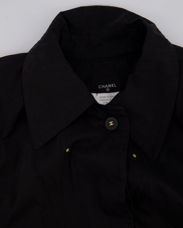 Chanel Black Cotton Long Line Coat with Black and Gold Logo Buttons and Gold Chain Belt Detail Size FR 36 (UK 8)