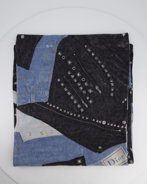 Christian Dior Blue & Grey John Galliano Wool Scarf with Denim Prints