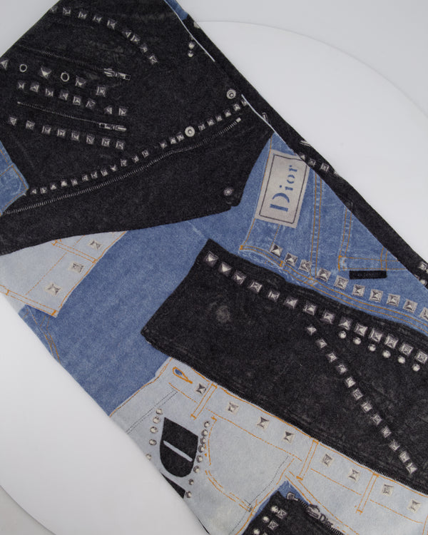 Christian Dior Blue & Grey John Galliano Wool Scarf with Denim Prints