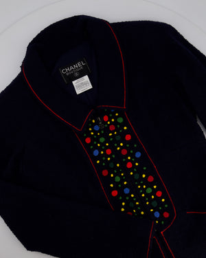 Chanel 97A Navy Wool Long Sleeve Jacket and Pencil Skirt Set with Red, Blue, Green and Yellow Neckline Applique Detail Size FR 38 (UK 10)