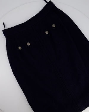Chanel 97A Navy Wool Long Sleeve Jacket and Pencil Skirt Set with Red, Blue, Green and Yellow Neckline Applique Detail Size FR 38 (UK 10)