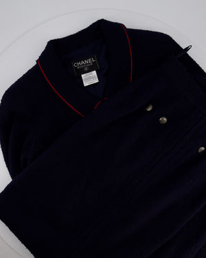 Chanel 97A Navy Wool Long Sleeve Jacket and Pencil Skirt Set with Red, Blue, Green and Yellow Neckline Applique Detail Size FR 38 (UK 10)