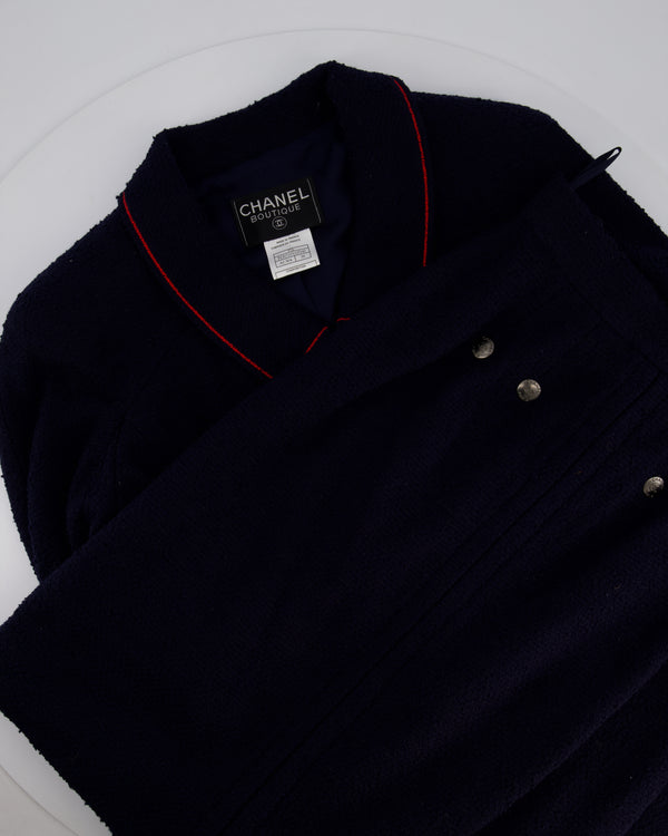 Chanel 97A Navy Wool Long Sleeve Jacket and Pencil Skirt Set with Red, Blue, Green and Yellow Neckline Applique Detail Size FR 38 (UK 10)