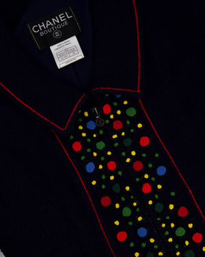 Chanel 97A Navy Wool Long Sleeve Jacket and Pencil Skirt Set with Red, Blue, Green and Yellow Neckline Applique Detail Size FR 38 (UK 10)