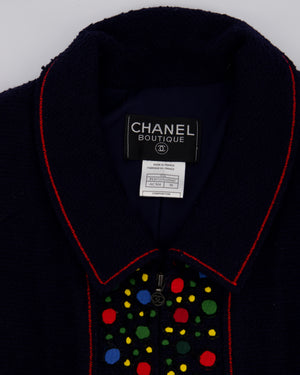 Chanel 97A Navy Wool Long Sleeve Jacket and Pencil Skirt Set with Red, Blue, Green and Yellow Neckline Applique Detail Size FR 38 (UK 10)