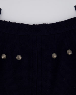 Chanel 97A Navy Wool Long Sleeve Jacket and Pencil Skirt Set with Red, Blue, Green and Yellow Neckline Applique Detail Size FR 38 (UK 10)