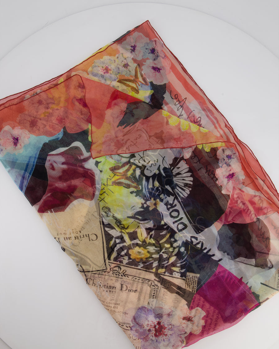 Christian Dior Pink & Multicolour John Galliano Multicolour Newspaper Gauze Silk Long Scarf