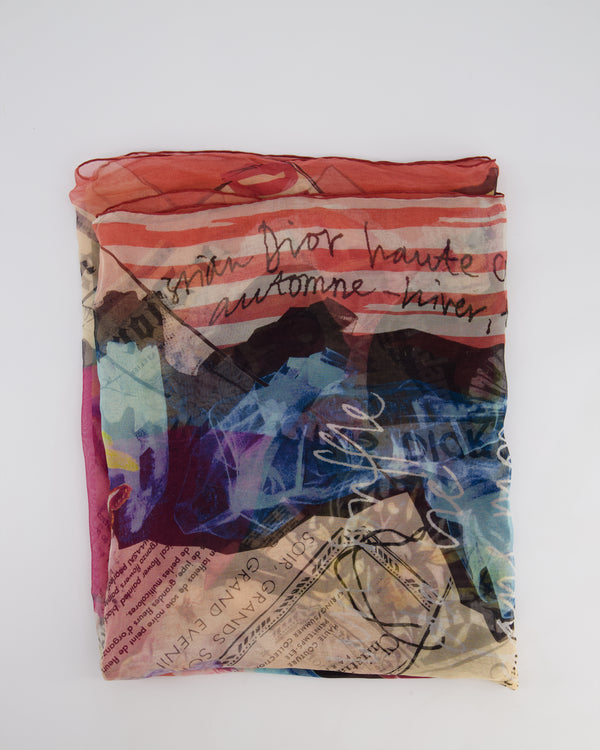 Christian Dior Pink & Multicolour John Galliano Multicolour Newspaper Gauze Silk Long Scarf