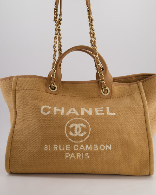 Chanel Camel Canvas Medium Deauville Tote Bag with Lambskin Leather Handles and Champagne Gold Hardware