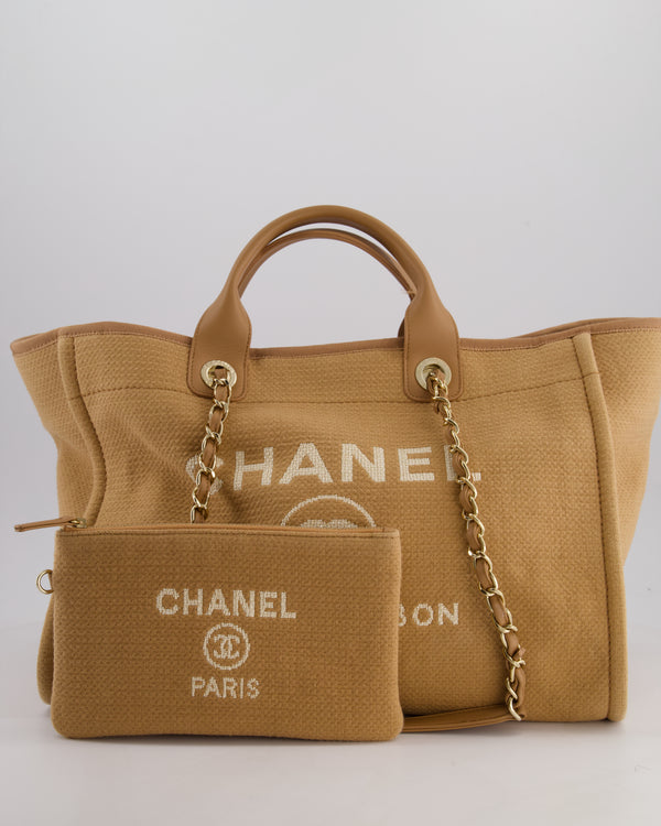 Chanel Camel Canvas Medium Deauville Tote Bag with Lambskin Leather Handles and Champagne Gold Hardware