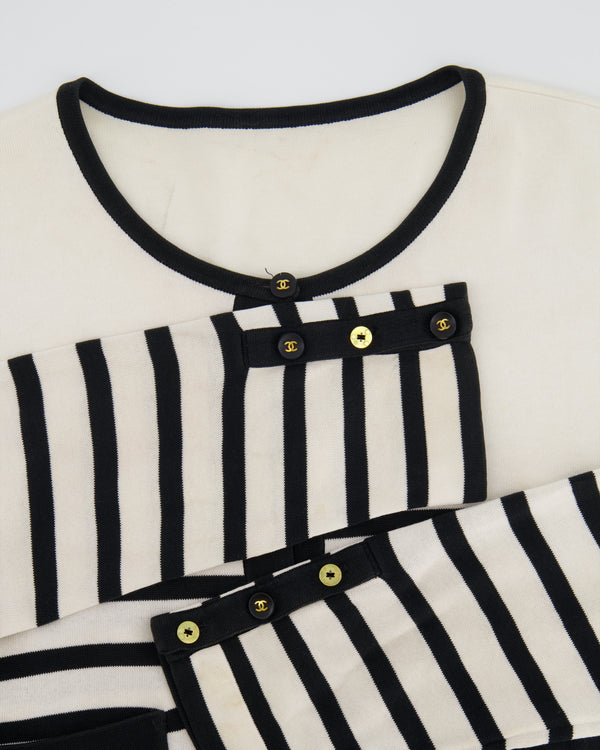 Chanel Black and White Striped Cardigan with Gold CC Logo Buttons Size  FR 42 (UK 14)