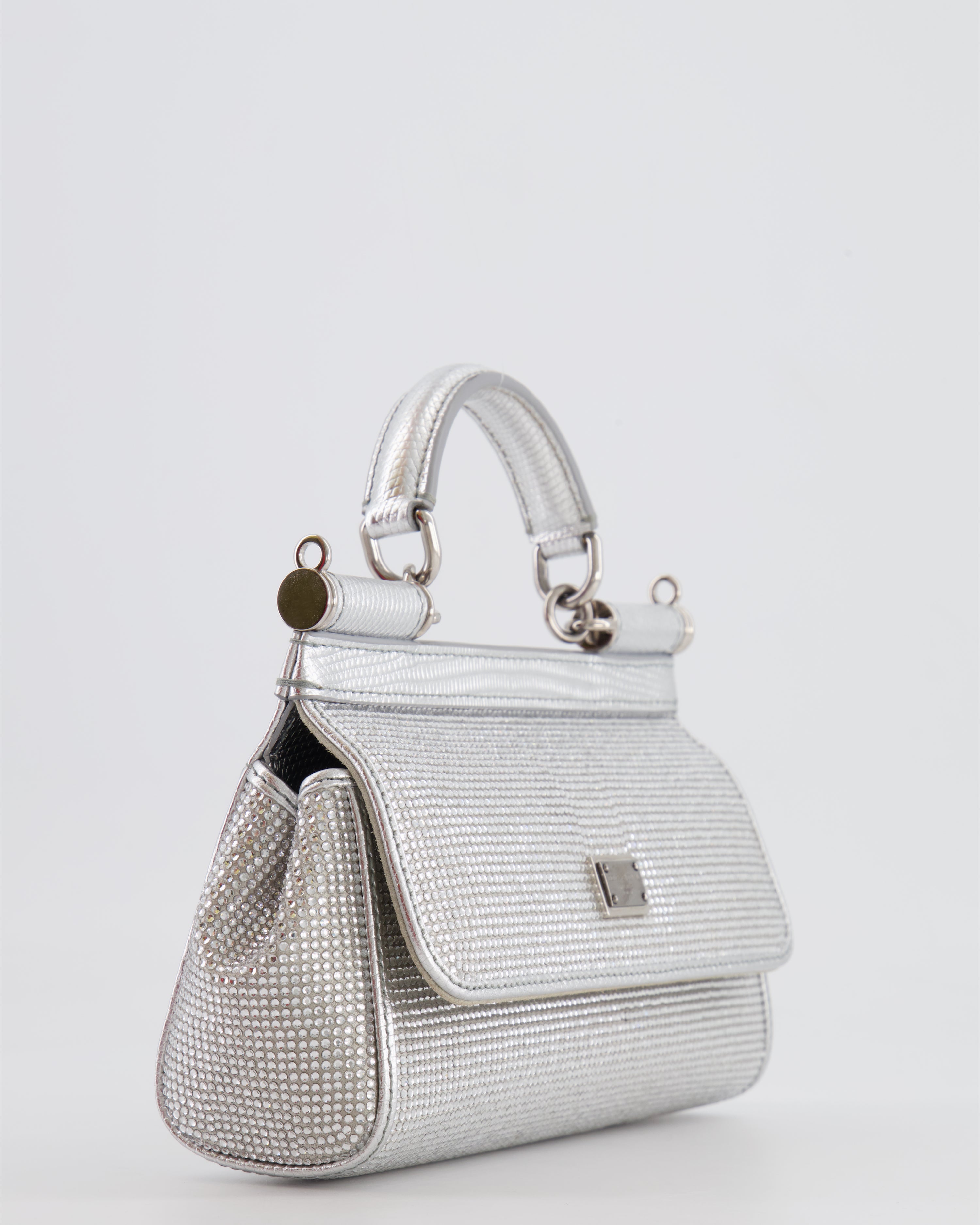 Dolce & Gabbana Silver Crystal Mini Sicily Top Handle Bag